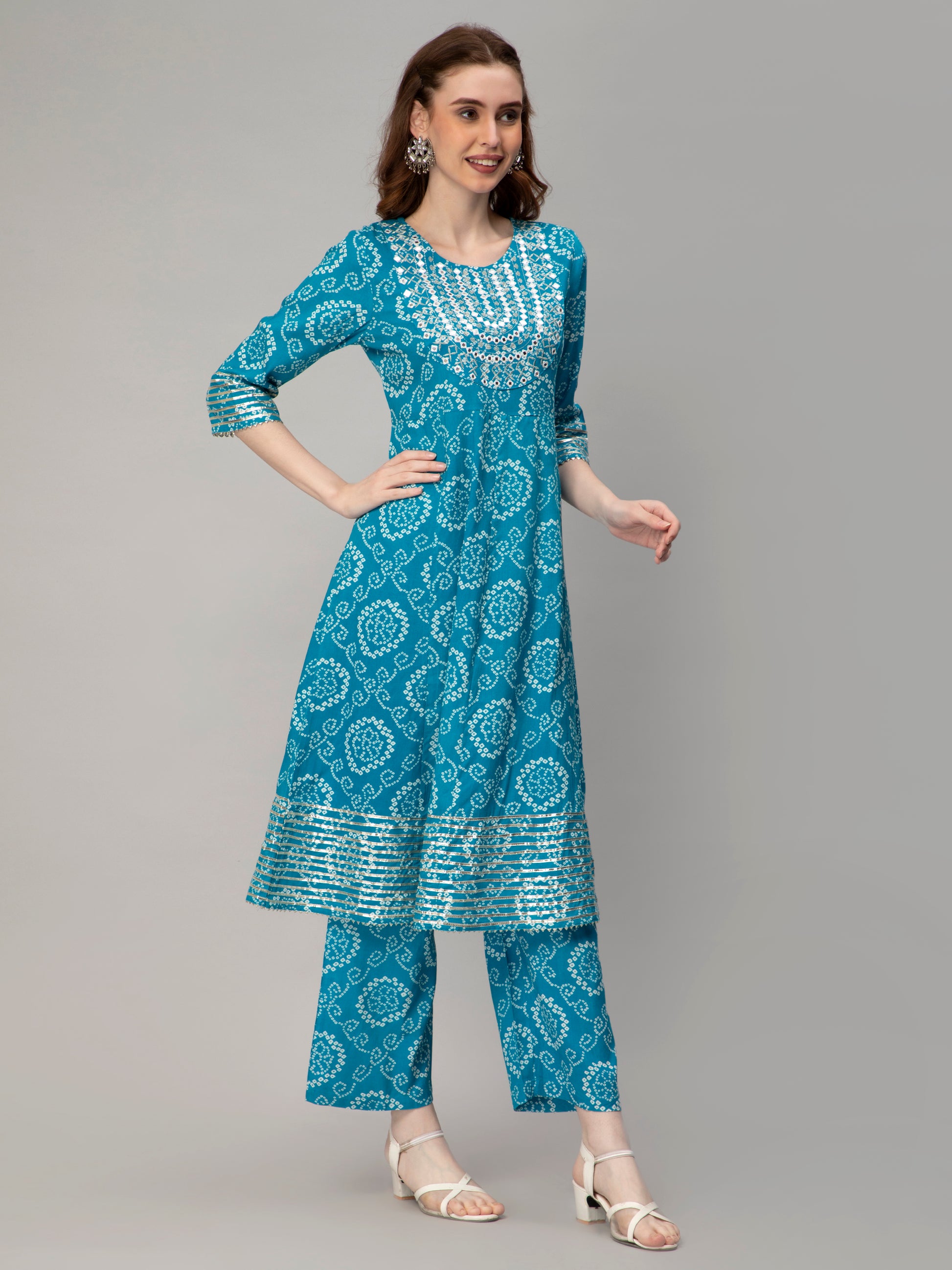  Bandhani Printed anarkali Kurta Pant set  under 500
Embroidery work on yoke