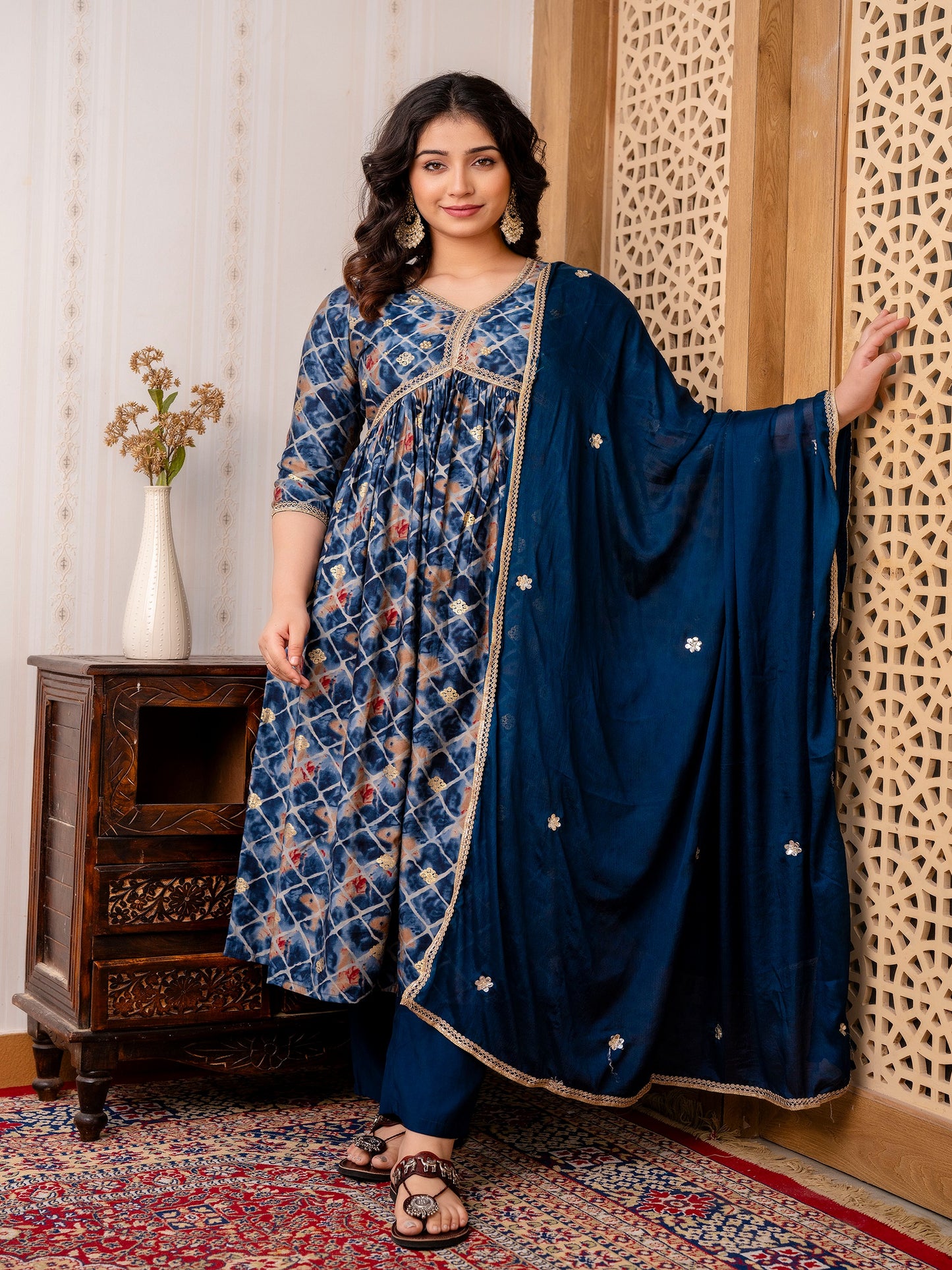 Blue Geometric Printed Chanderi Silk Alia Cut Kurta and Pant Dupatta Set