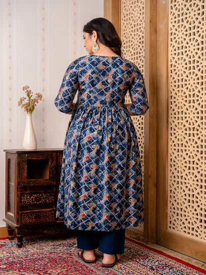 Blue Geometric Printed Chanderi Silk Alia Cut Kurta and Pant Dupatta Set