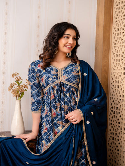 Blue Geometric Printed Chanderi Silk Alia Cut Kurta and Pant Dupatta Set