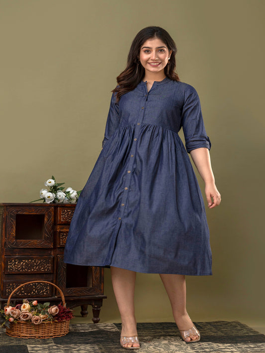 Blue Denim Flared Maternity Dress with Buttons on Yoke