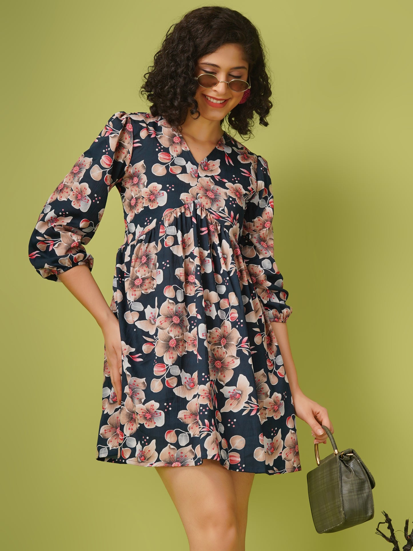 women floral printed short mini fit and flare dress with long elasticated sleeves