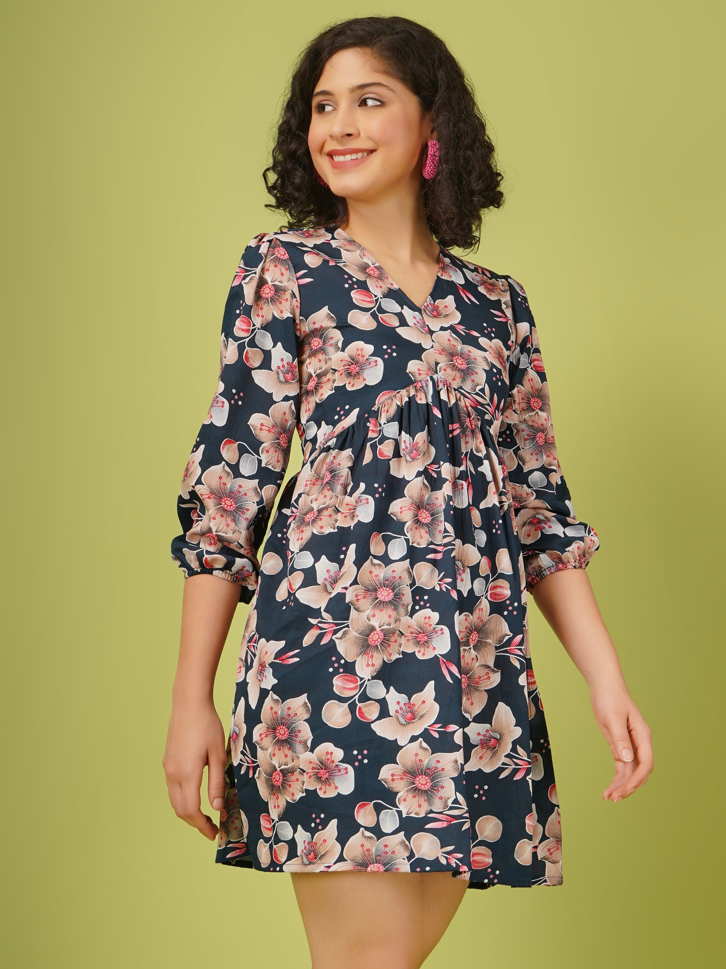 women floral printed short mini fit and flare dress with long elasticated sleeves