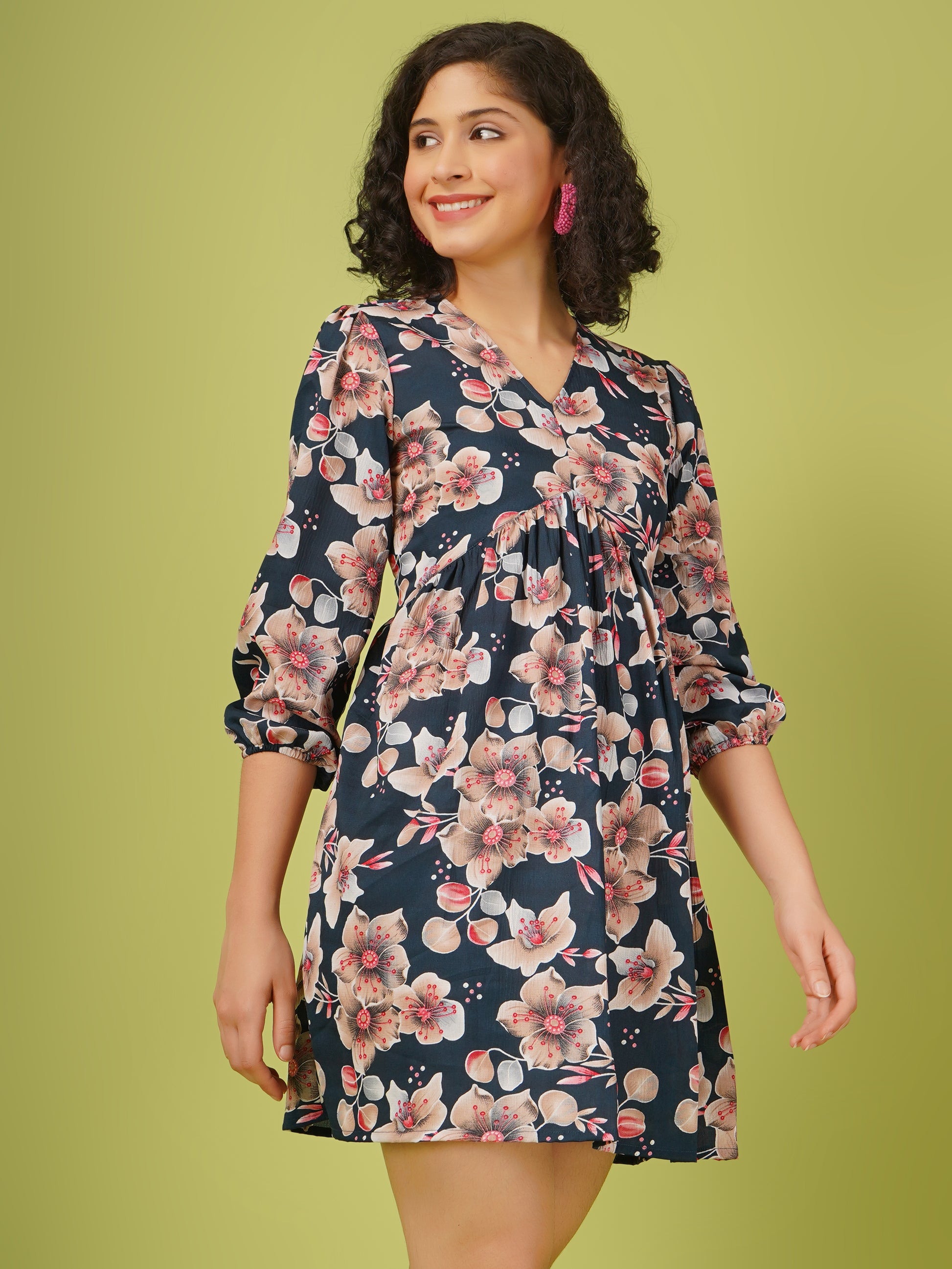 women floral printed short mini fit and flare dress with long elasticated sleeves