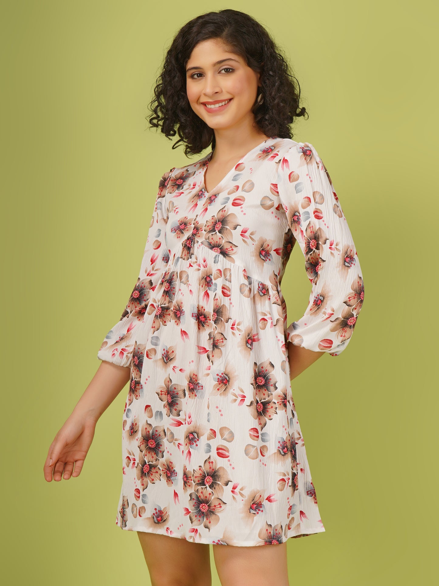 women floral printed short mini fit and flare dress with long elasticated sleeves