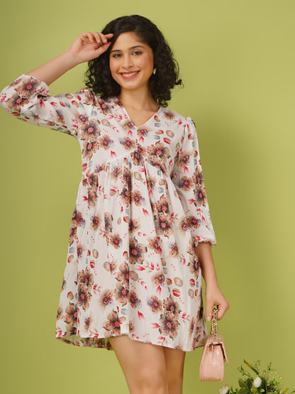 women floral printed short mini fit and flare dress with long elasticated sleeves