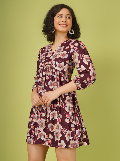 women floral printed short mini fit and flare dress with long elasticated sleeves