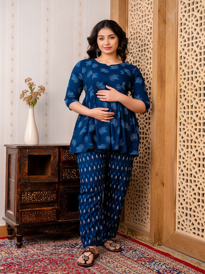 Women Floral Printed Rayon Fit and Flared Maternity and Feeding Kurta and Pant set with both Side Concealed Zips on yoke.