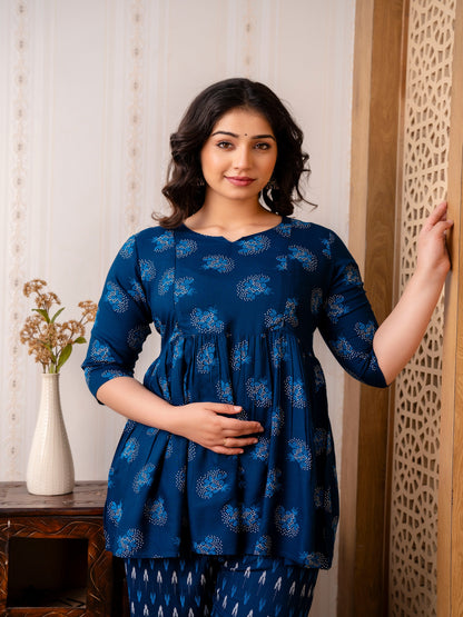 Women Floral Printed Rayon Fit and Flared Maternity and Feeding Kurta and Pant set with both Side Concealed Zips on yoke.