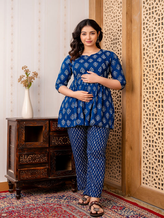 Women Floral Printed Blue Rayon Flared Maternity and Feeding Top and Pant set with Concealed zips on yoke