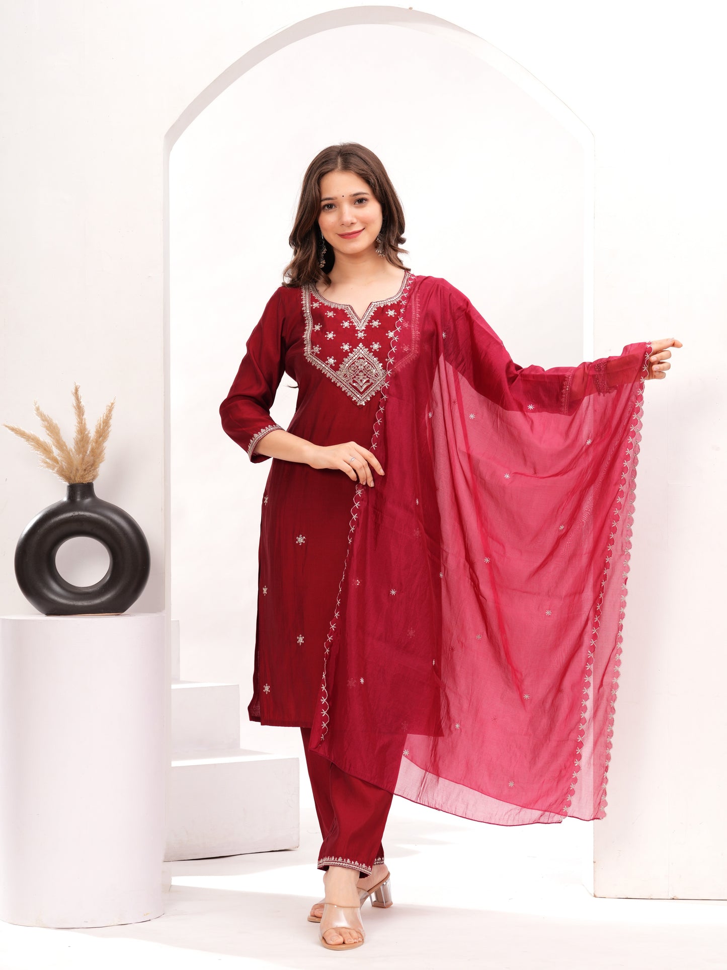 Women Stylish Festive Wear Embroidery Straight Kurta with Pant and Heavy Dupatta Set, festive fits for women, embroidered kurta set for women