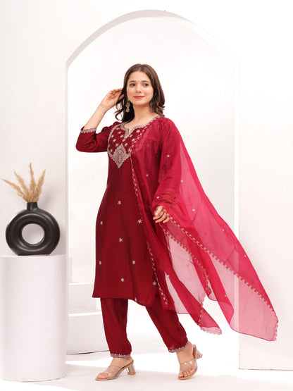 Women Stylish Festive Wear Embroidery Straight Kurta with Pant and Heavy Dupatta Set, festive fits for women, embroidered kurta set for women