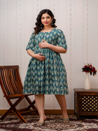 Pure Cotton Calf Length Floral Printed Fit and Flared Maternity and Feeding Kurta Under 500