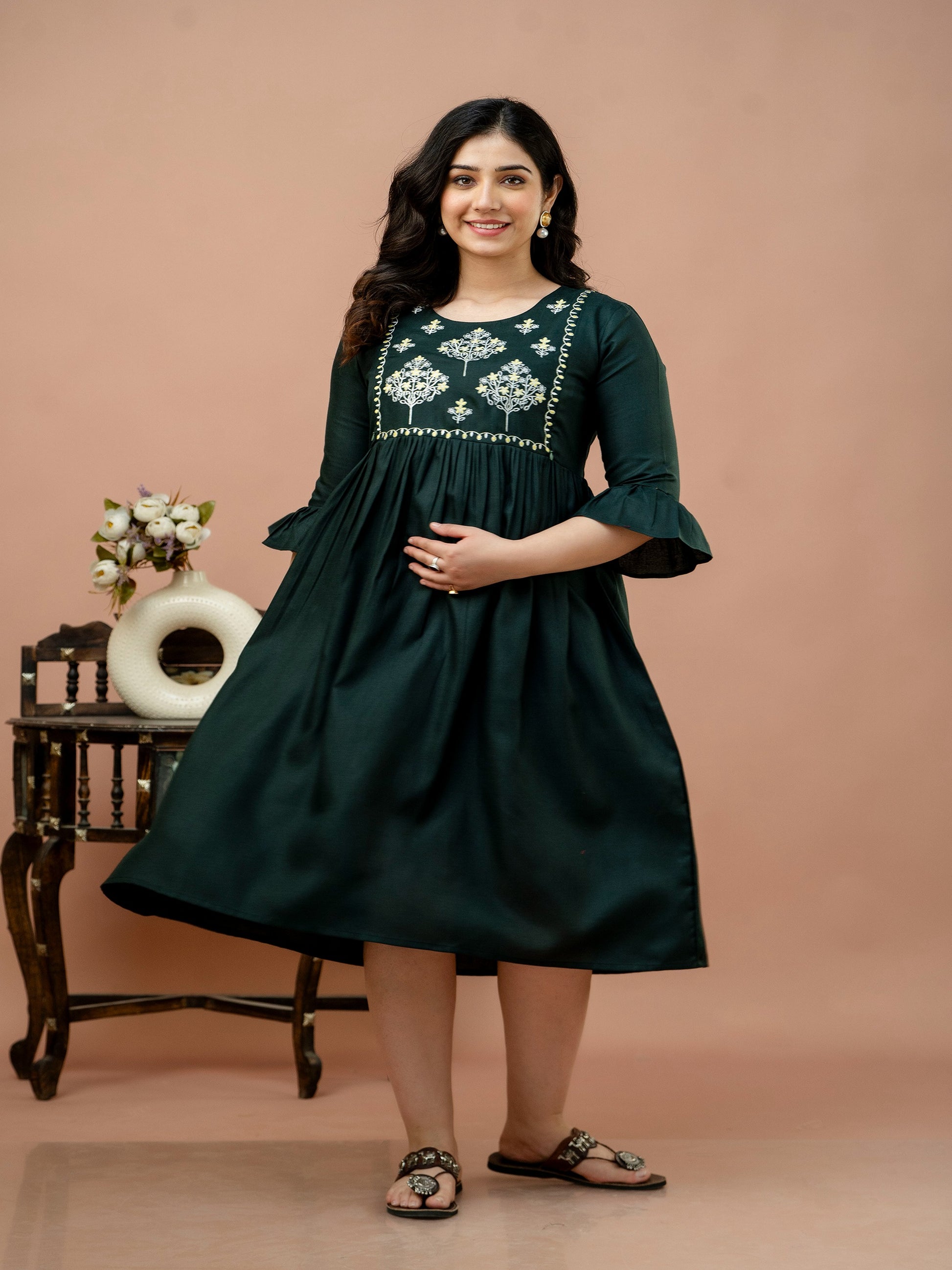 women embroidered flared casual cotton maternity and feeding kurta under 999