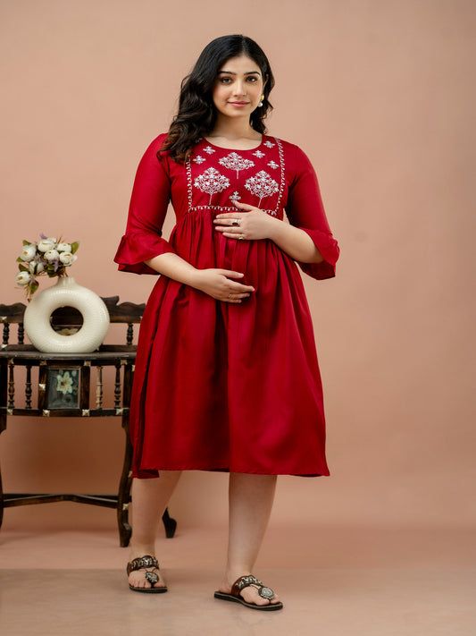 women embroidered flared casual cotton maternity and feeding kurta under 999