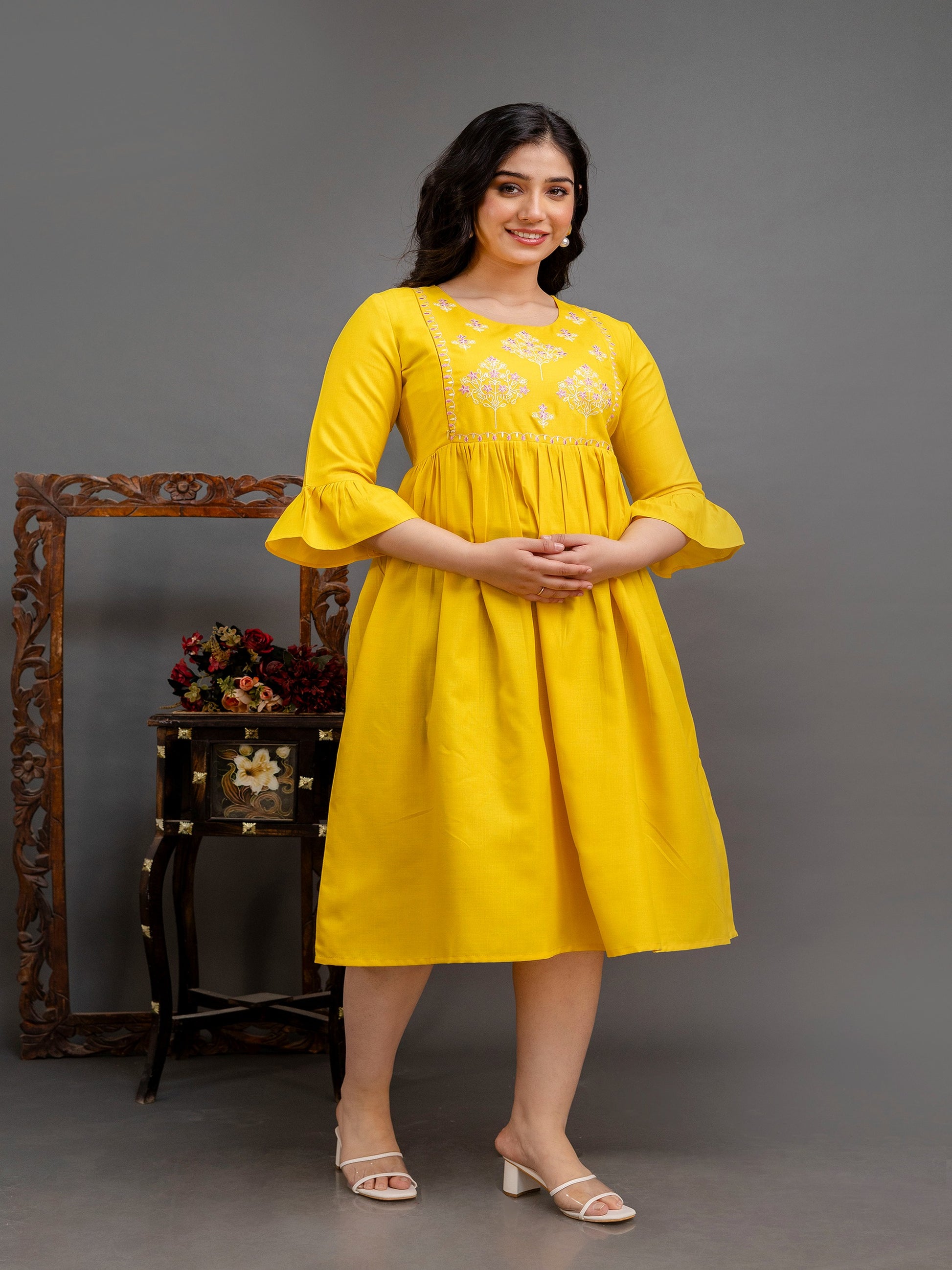 women embroidered flared casual cotton maternity and feeding kurta under 999