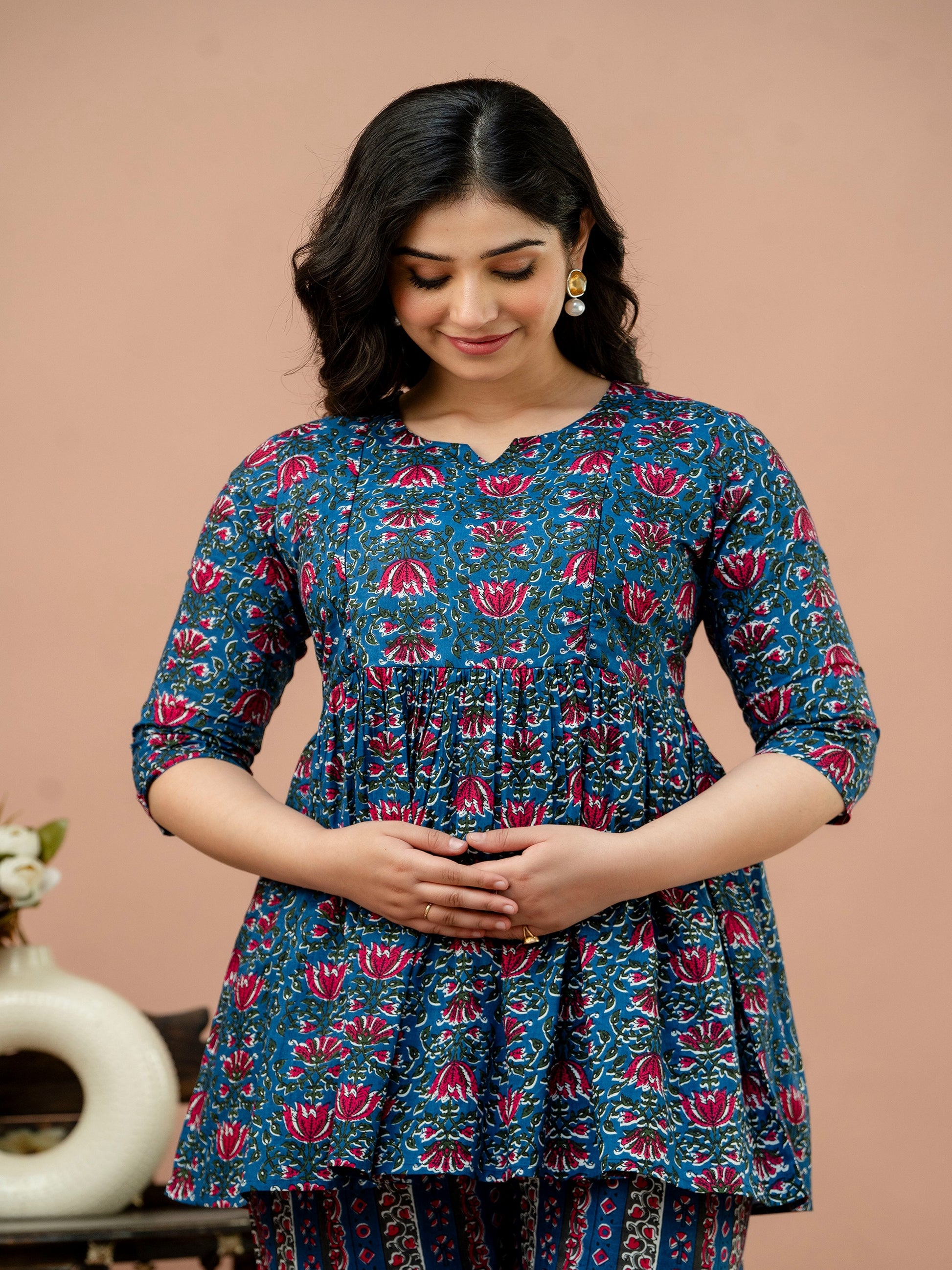 Women Floral Printed Blue COTTON Flared Maternity and Feeding Top and Pant set with both side concealed zips