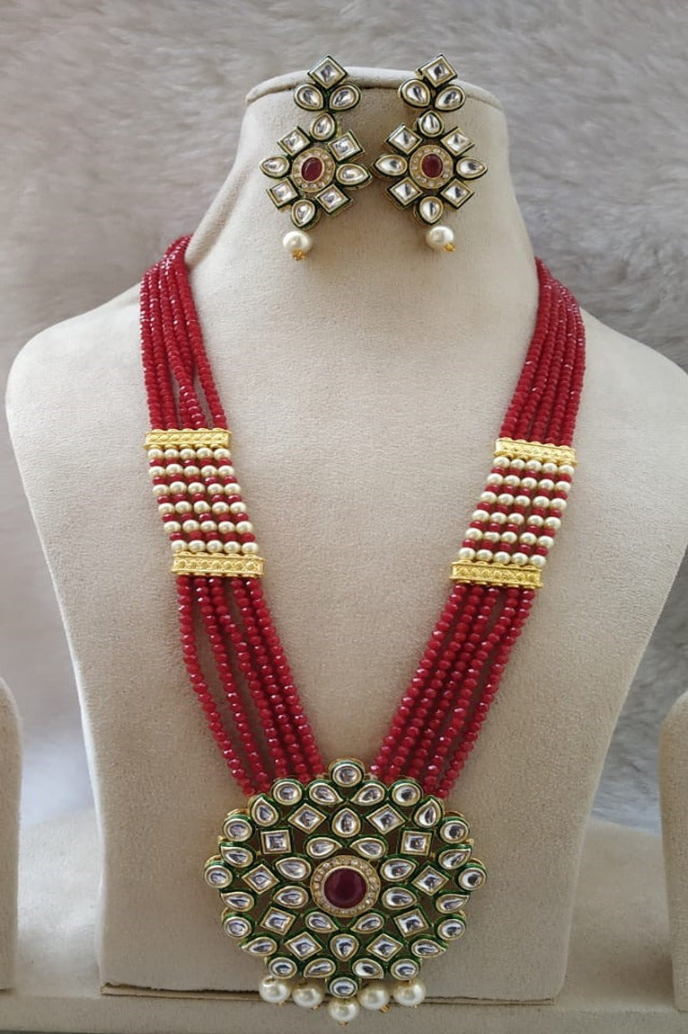 Maroon Kundan Long Necklace Set