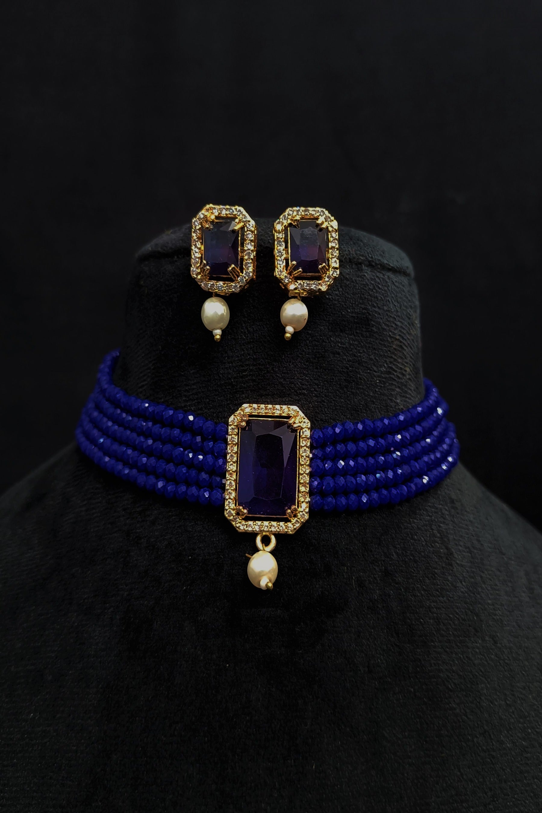 Women's AD Blue Choker Necklace and Earring Set