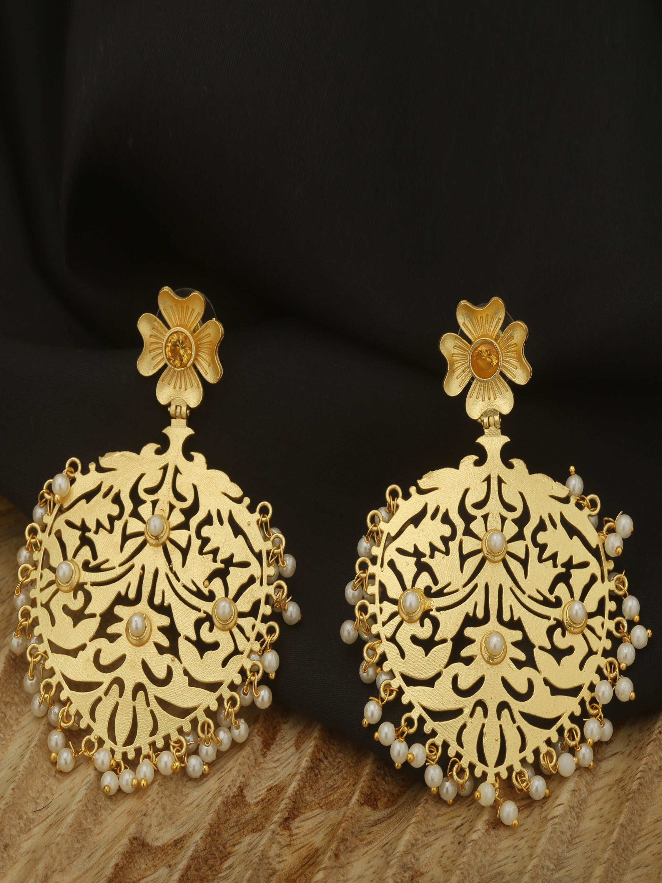 Rubans Peacock Gold Jhumka with Matte Finish and Golden Beads Hanging